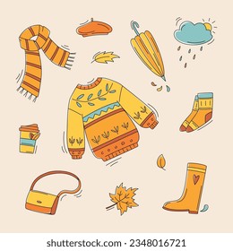 Autumn color doodles. Hand drawn color vector set of sketches: jumper, umbrella, boots, cloud, leaves, scarf. Autumn walking, fall vibes. Fall season elements for card, poster, sticker