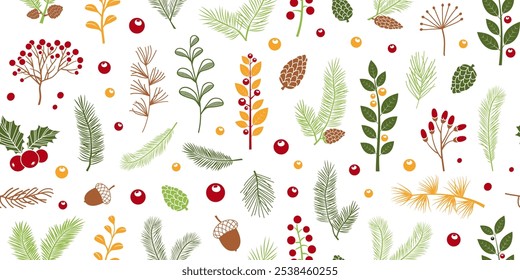 Otoño color abeto, baya de acebo, primavera, hoja, rama de la aguja sin patrón. Navidades cono de pino, abeto, muérdago, cedro de hoja perenne, fondo de ramita. Impresión de la naturaleza del invierno. Ilustración vectorial de Navidad