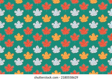 Autumn color leaves on green backdrop. Abstract leaf background for fabric, textile and wallpaper design. Seamless pattern of hand drawn sketch style leaves. Mexican Style. Vector Illustration.