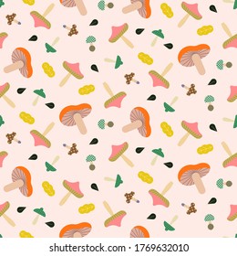 autumn color palette mushroom fungus and leaves vector illustration seamless surface pattern design for wrapping paper fabric textile repeated pink background tile
