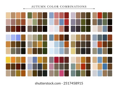 Autumn color palette. Trend color palette guide template. Fit for fashion designers, business, and paints colors company. Match combinations. Vector graphics. Eps 10.