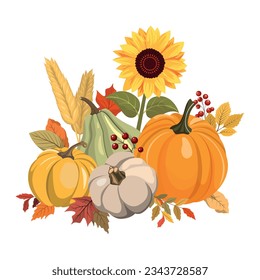 Autumn color pumpkins, sunflower, wheat and forest leaves clipart. Isolated on white background. Seasonal design for greeting or poster.