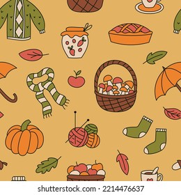 Herbstfarben nahtloses Muster. Ideal für Postkarten, Einladungen und saisonale Dekorationen. Cartoon-Stil. Vektorgrafik.