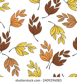 Autumn color seamless pattern with sprigs. Vector stock illustration for fabric, textile, wallpaper, posters, paper. Fashion print. Branch with monstera leaves. Doodle style.