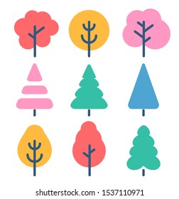 Autumn color trees set in cartoon rustic style, forest, park and garden tree flat collection sign.