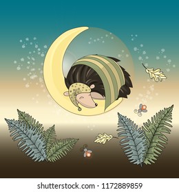 Autumn Color Vector Illustration Set MOON HEDGEHOG for Scrapbooking and Digital Print on Card and Photo Children’s Albums