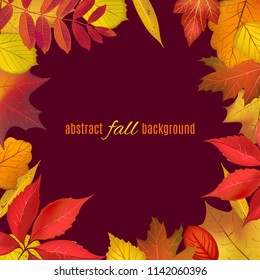 Autumn colored foliage frame for your design. Bright falling leaves isolated on brown border with place for your text. Vector illustration