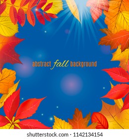 Autumn colored foliage frame for your design. Bright falling leaves isolated on clear blue sky background border with place for your text. Vector illustration