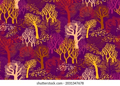 Autumn colored landscape with silhouettes of bare trees without leaves on purple background. Contrast colorful seamless pattern. Modern doodle illustration for fabric, wallpaper, packaging.