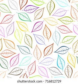 Autumn colored natural background from contours of leaves of different colors. Seamless decorative eco backdrop. Environmental pattern with floral leaves 
