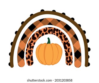 Autumn colored rainbow with pumpkin and lumberjack, leopard pattern - Good for Thanksgiving or Halloween decoration, poster, greeting card, banner, textile, gift, shirt, or mug. Happy harvest.