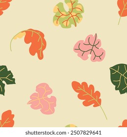 Autumn colored various leaves hand drawn cute simple illustration seamless pattern. Modern clip art wallpaper for children books, stationery, wrapping paper and social media