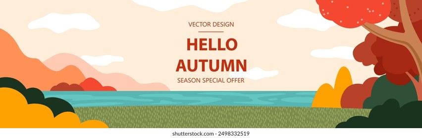 Autumn colorful abstract background, poster, card, cover. Bright trees, bushes, park, wood, forest. Nature concept. Fall mood landscape, flowers, lake, clouds.