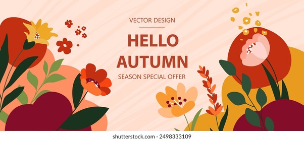 Autumn colorful abstract background, poster, card, cover. Bright flowers, bushes, leaves, abstract forms. Nature concept. Fall mood concept.