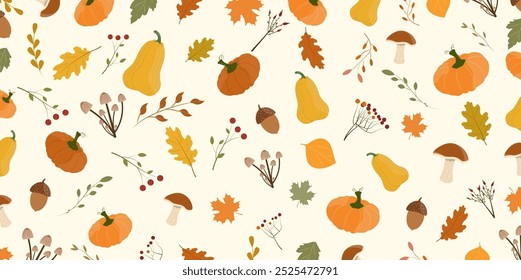 Autumn colorful background with pumpkins,leaves,mushrooms,oaks,plants isolated on light background.Vector design.