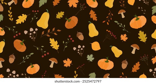 Autumn colorful background with pumpkins,leaves,mushrooms,oaks,plants isolated on dark background.Vector design.