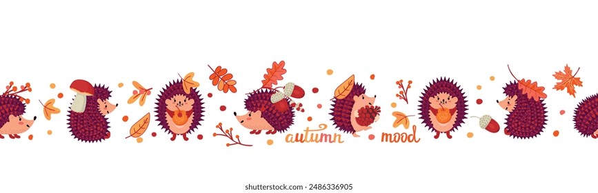 Autumn colorful border with cute cartoon hedgehogs,fall leaves,mushroom,cone,acorn, twig.Horizontal banner with wild woodland animal.Vector seamless pattern with autumnal elements on white background.