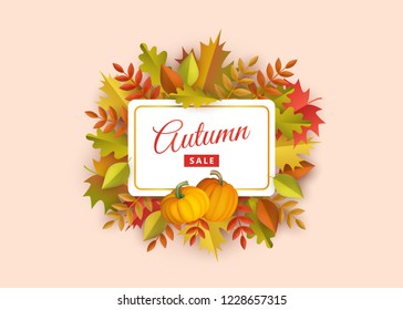 Autumn colorful bright leaves and ripe orange vegetables with white paper and promotional sign. Seasonal sale poster with fall tree foliage and vegetables in isolated cartoon vector illustration.