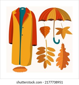 Autumn colorful coat and umbrella vector set