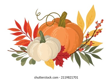 Herbstliche bunter Komposition mit Kürbis, Blättern und Zweigen. Farbige flache Vektorgrafik einzeln auf weißem Hintergrund.