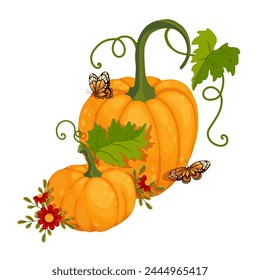 Autumn colorful composition with ripe pumpkins and autumn leaves, flowers, butterflies.Vector graphics.