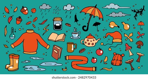 Autumn colorful doodles and drawings with seasonal objects and food, fall weather, leaves, decorations. Vector illustration set.