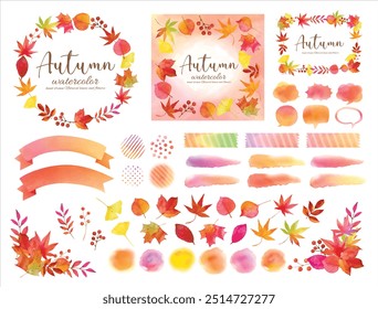 Autumn colorful fallen leaves and nuts watercolor frame set