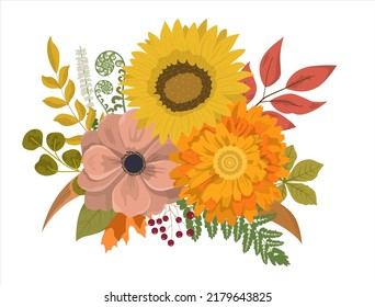 Autumn colorful floral arrangement in rustic style. Flowers, dry leaves, and berries. Isolated on white background. Autumn holiday cards design