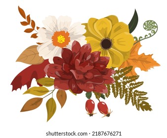 Autumn colorful floral arrangement in rustic style. Flowers, dry leaves, and berries. Isolated on white background. Autumn holiday cards design