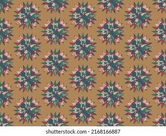 Autumn colorful flower pattern on brown background. Red, blue and green color geometric vector pattern.