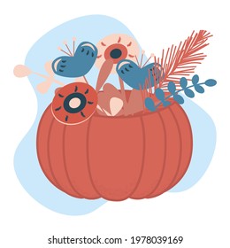 Autumn colorful flowers in pumpkin vase. Vector flat illustration, isolated on a white.