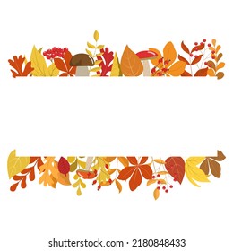 Autumn colorful forest foliage horizontal frame. Seasonal orange, yellow, brown leaves, cute mushrooms, rowan berries. Autumn frame design template. Isolated on white background.