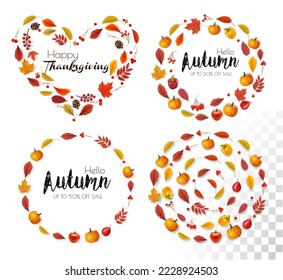 Autumn colorful forest leaves, berries, cones, acorns in the shape of a heart, circle and rings. Happy thanksgiving and autumn sale frames. Vector.