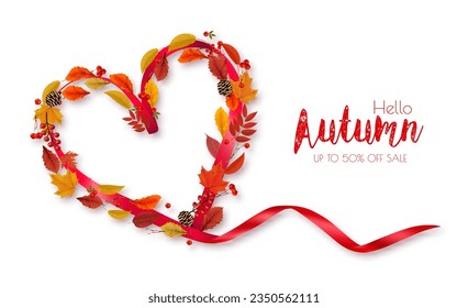 Autumn colorful forest leaves, berries, cones, acorns, viburnumin the shape of a heart Sale Frame and red ribbon.   Vector.