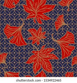Autumn colorful ginkgo and maple leaves. Japanese seamless pattern with oriental motifs sippo. Vector for fabric, kimono, paper, banner. Red geometric background.