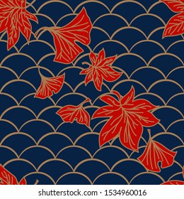 Autumn colorful ginkgo and maple leaves. Japanese seamless pattern with oriental motifs Seigaiha. Vector for fabric, kimono, paper, banner. Red geometric background.