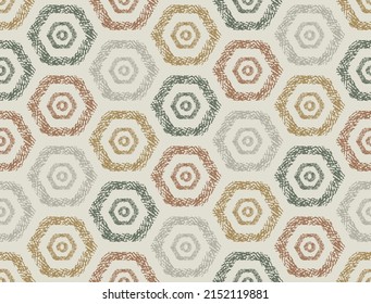 Autumn colorful hexagon geometric pattern on beige background. Seamless colorful geometric texture pattern.