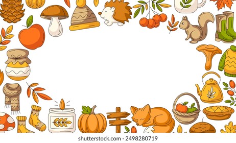Autumn colorful horizontal banner with border frame of fall cozy elements. Space for text in the middle, isolated white background. Seasonal poster, flyer, cover, advertising, invitation for holiday