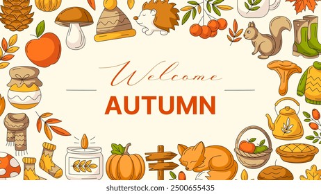 Autumn colorful horizontal banner with border frame of fall cozy elements. Greeting text in the middle, isolated background. Seasonal poster, flyer, cover, advertising, invitation