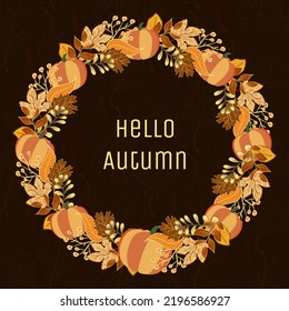 Autumn colorful illustration. Wreath of autumn leaves and pumpkin.