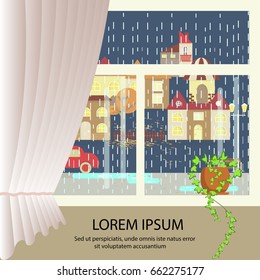 Autumn colorful landscape banner. window view of Rainy weather. Small town landscape in flat style. Heavy shower Vector illustration