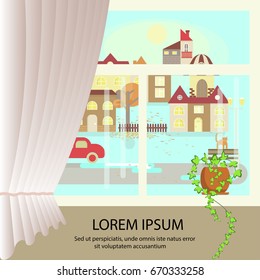 Autumn colorful landscape banner. Window view of sunny weather. Small town landscape in flat style. Vector illustration eps 10