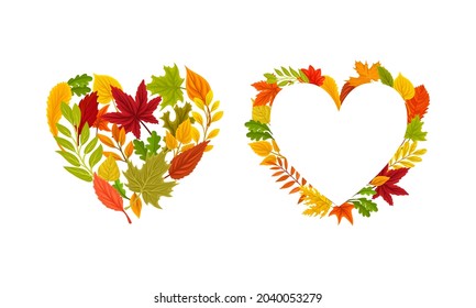 Autumn colorful leaves of heart shape set. Banner, poster, card, invitation design vector illustration