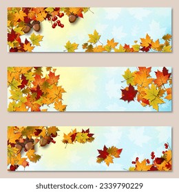 Autumn colorful leaves horizontal vector banners collection. Sale banner, promo poster, coupon, voucher, discount card design template