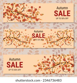 Autumn colorful leaves horizontal vector banners collection. Sale banner, promo poster, coupon, voucher, discount card design template