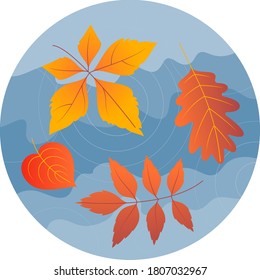 Autumn colorful leaves in a puddle with a surface distorted by circles because of raindrops. Flat gradient illustration. Autumn icon.