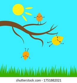 Autumn colorful leaves smiling cartoon characters having fun on a tree branch under the bright orange sun against a blue sky concept of the golden season and nature.