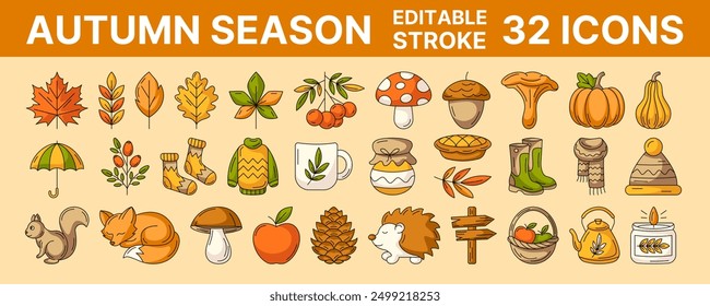 Autumn colorful line icons set, vector illustration, editable black stroke. Season collection, seasonal elements, symbols and attributes. Fall leaves, clothes, mushrooms, wild animals, berry, pumpkin.