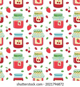 Autumn colorful pattern with cherry and strawberry jam in jars. Seamless illustration with sweets, berries for printing on fabric, clothing, packaging, accessories, etc.