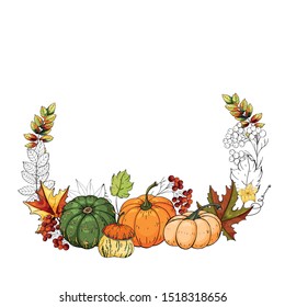 Autumn colorful round composition of pumpkins and leaves. Vector illustration on white background.